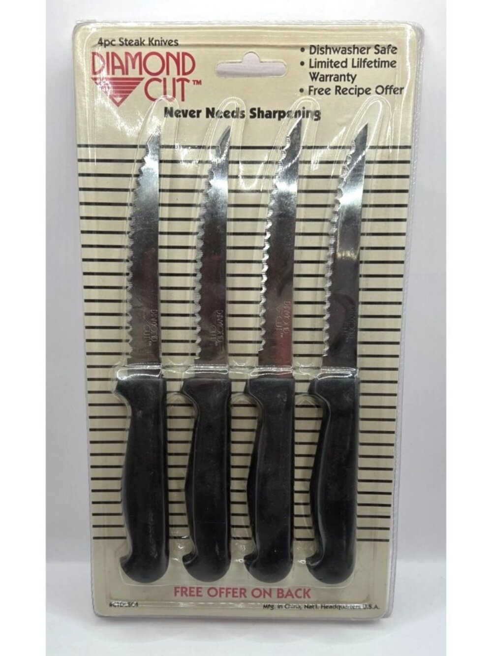 Vtg Diamond Cut 4pc Steak Knives Stainless Steel Black Handles Factory Sealed
